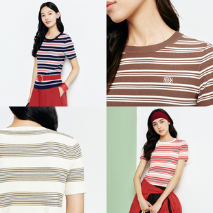 FS经典圆领撞色条纹提花修身短袖针织毛衣26春夏新款女装9507A