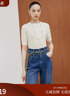 firststation时尚圆领山羊绒套头短袖针织毛衣女25秋新款9530A