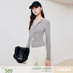 firststation时尚翻领前中抽褶修身长袖打底衫女25秋新款5428A