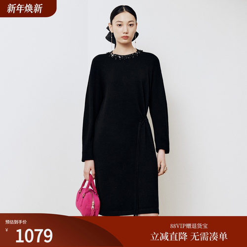 firststation时尚百搭圆领收腰长袖针织连衣裙女25冬新款9420A