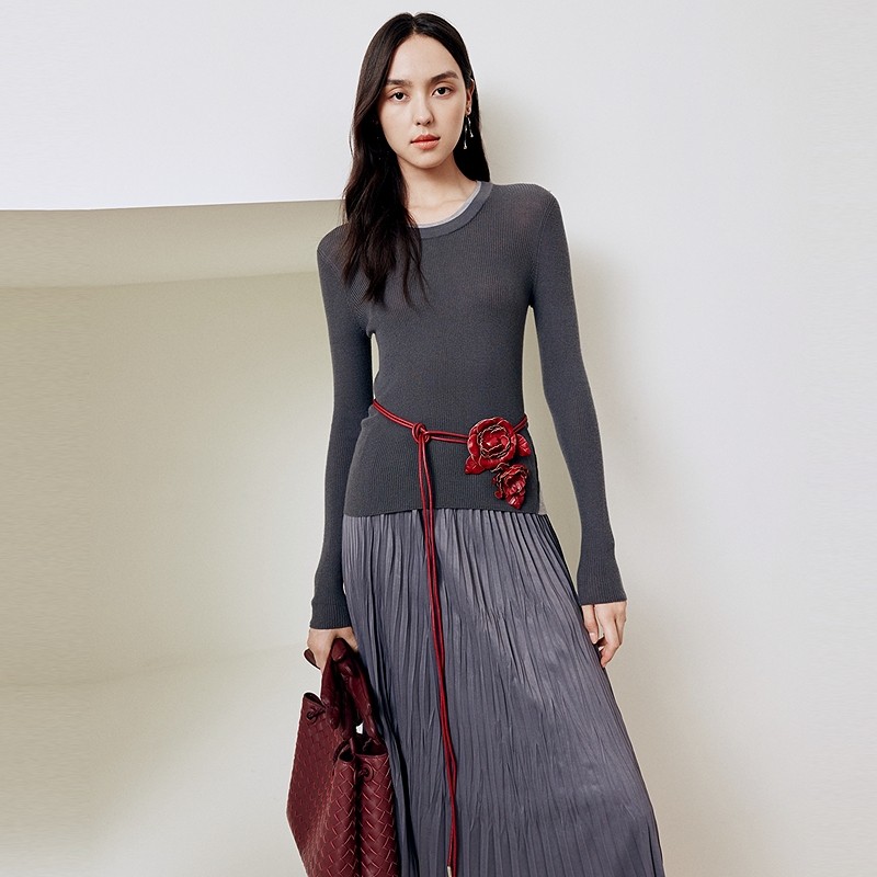 FS休闲圆领撞色羊毛套头长袖针织毛衣女25秋新款9971A