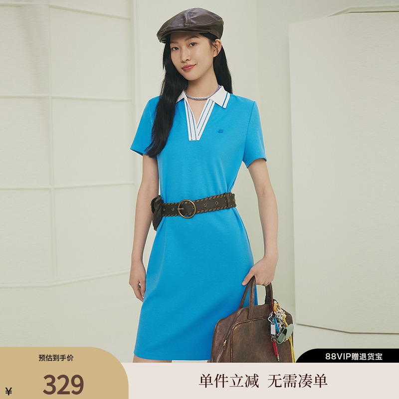 FS时尚运动撞色罗纹翻领短袖连衣裙女25夏新款4521A