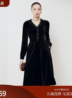 firststation优雅V领泡泡袖蕾丝拼接长袖连衣裙女25秋新款4625A