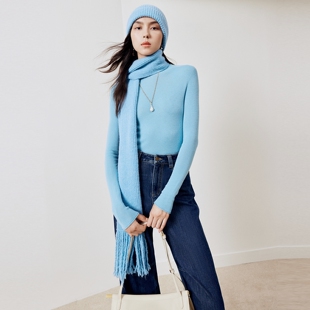 firststation时尚百搭蓝色流苏保暖针织披巾围巾女25秋新款W323A