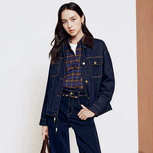 firststation休闲摩登翻领撞色拼接长袖牛仔外套女25秋新款J120A