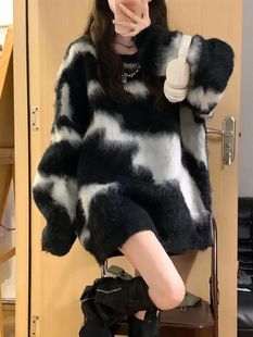 古着vintage毛衣女秋冬季 小众设计感日系复古慵懒风条纹针织上衣