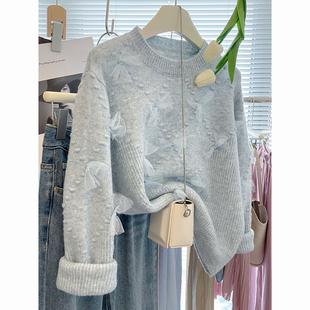 欧洲站2024年秋冬装新款流行女装厚毛衣蝴蝶结装饰宽松显瘦显气质