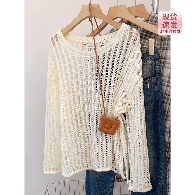 白色镂空针织衫罩衫女春秋套头宽松慵懒风薄款外搭长袖防晒上衣夏