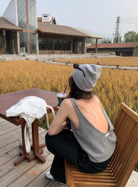 性感露背无袖针织小吊带女夏季辣妹修身背心独特精致灰色上衣外穿