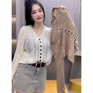 镂空拼接纯色百搭时尚 V领纽扣长袖 新款 女2025年夏季 上衣 针织开衫