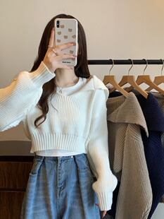 韩系V字海军领毛衣女2023春秋新款纯欲风百搭显瘦短款针织上衣潮