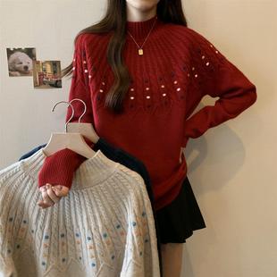 过年本命年红色针织毛衣女秋季大码胖mm显瘦打底衫今年流行的上衣