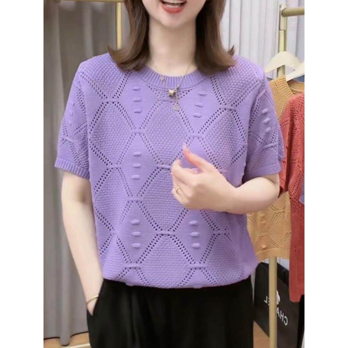 设计感镂空短袖针织衫女士夏季新款薄款T恤小衫妈妈遮肚显瘦上衣