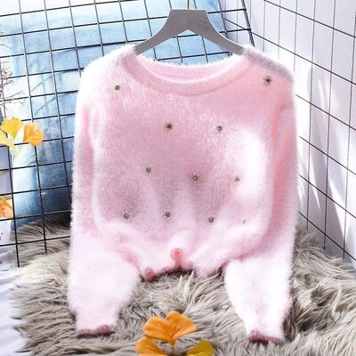 水貂绒软糯甜美粉毛衣女秋冬新款温柔风洋气加厚短款针织打底衫