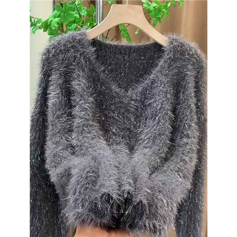 灰色V领水貂绒软糯毛衣外套女秋冬宽松慵懒风亮丝短款针织衫女,女装/女士精品,羊绒衫,淘宝优惠券,粉丝福利购,淘宝优惠卷