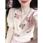 粉色玫瑰立体花朵正肩泡泡袖 短袖 t恤针织衫 2024夏季 上衣女短款