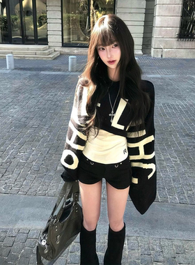 美式辣妹黑色蝙蝠袖毛衣女早春宽松慵懒高级感套头短款针织衫上衣
