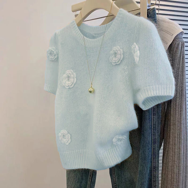 设计感小众立体花朵内搭上衣独特超好看法式奶蓝色短袖t恤春季女