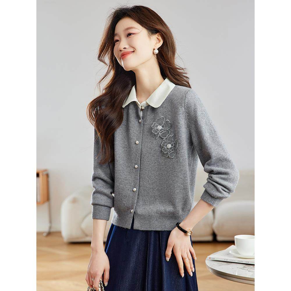 娃娃领长袖针织开衫女春秋2025新款小个子减龄毛衣外套薄带领上衣,女装/女士精品,毛针织衫,淘宝优惠券,粉丝福利购,淘宝优惠卷
