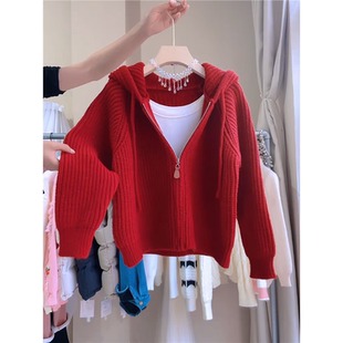 2024龙年本命年红色衣服气质拉链连帽针织毛衣女秋冬短款开衫外套
