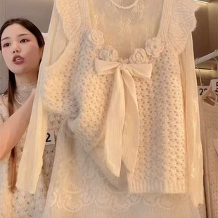 蝴蝶结马甲叠穿春秋冬套头短款镂空背心无袖针织衫毛衣上衣女花朵
