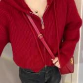 红色连帽毛衣外套女2024秋冬韩系宽松短款 上衣 双拉链网红针织开衫