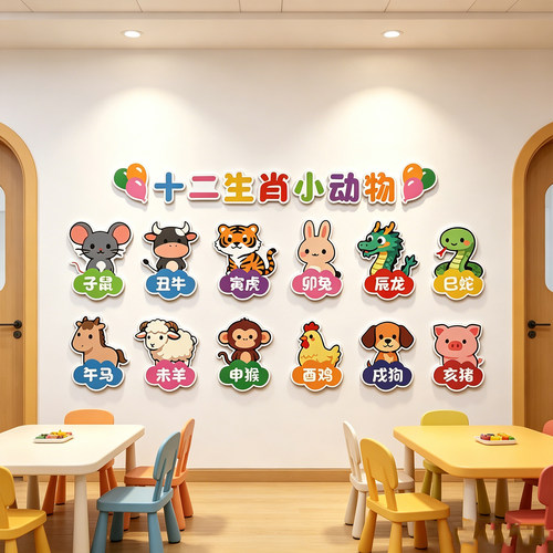 十二生肖墙贴纸3d立体幼儿园环创材料主题墙教室布置楼梯墙面装饰