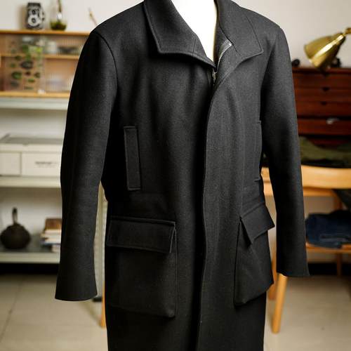 拉链款大衣 立体口袋 军事风格毛呢大衣