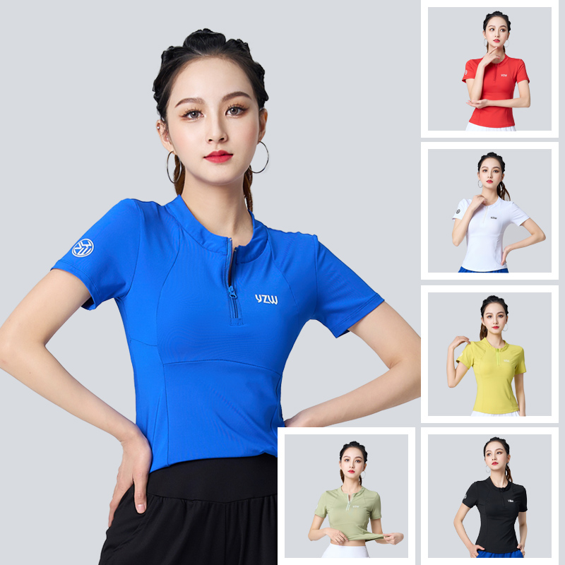 广场舞服装长袖秋速干运动健身跑步舞蹈瑜伽练功演出服拉链短袖女