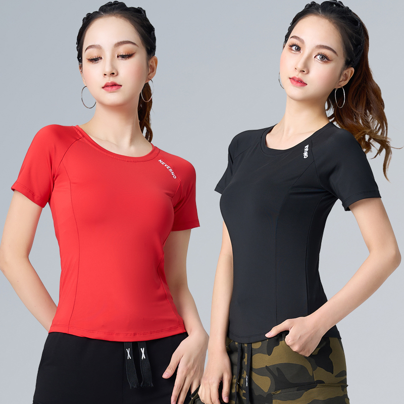 广场舞服装夏秋长袖运动健身瑜伽舞蹈服跑步演出服速干网格短袖女