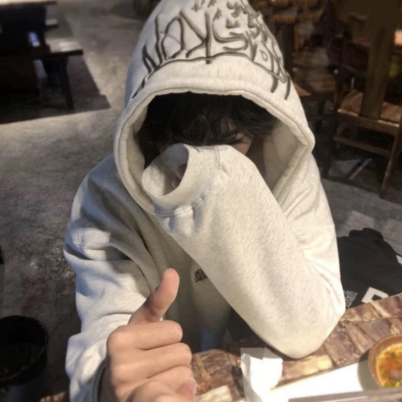 重工字母刺绣连帽卫衣男重磅加绒美式秋冬男女生运动休闲宽松上衣