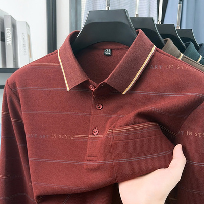 新品Simwood简木亲肤轻商务长袖t恤男秋季新款翻领条纹高品质中年