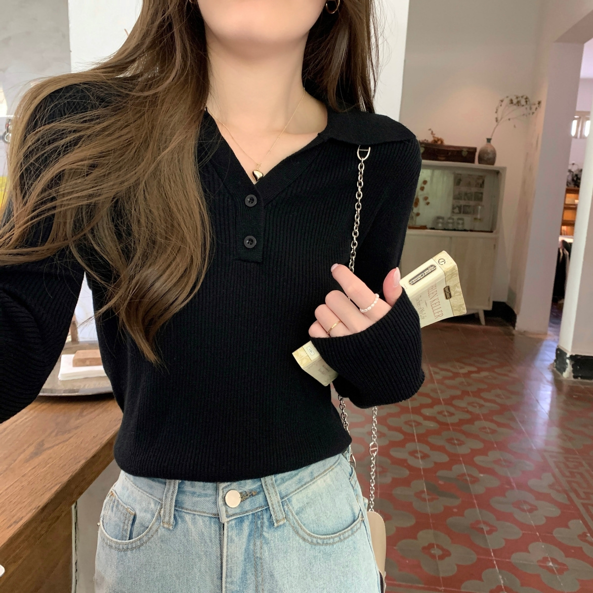 法式v领针织衫长袖女装春秋polo别致漂亮小衫高级感打底内搭上衣