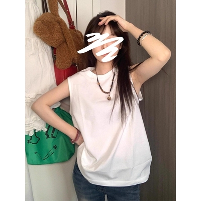 美式白色砍袖背心女夏季外穿宽松坎肩老头衫吊带内搭无袖t恤上衣