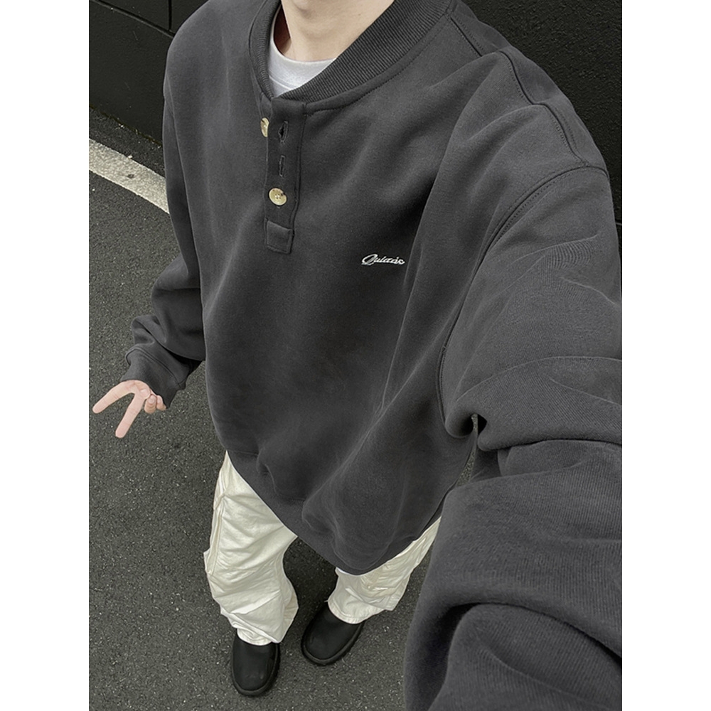 亨利领刺绣卫衣男冬季加绒加绒高级感痞帅卫衣秋冬款内搭长袖t恤