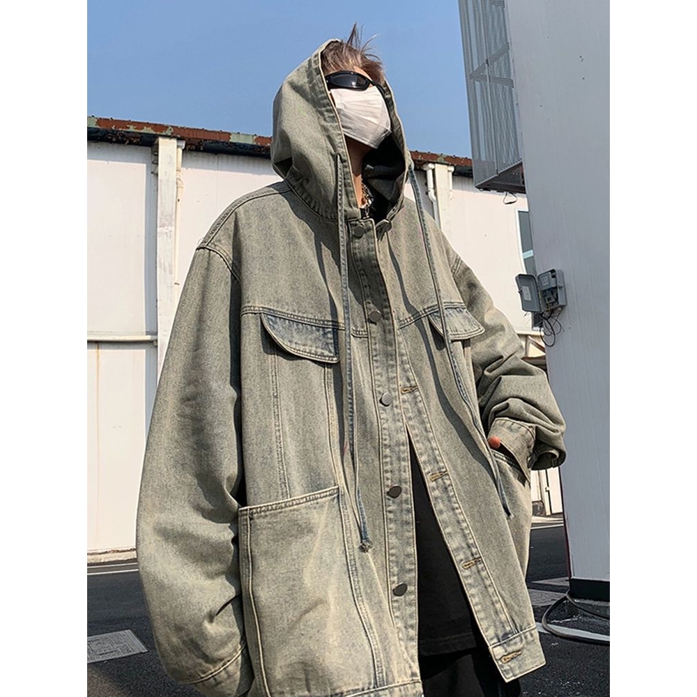 vintage美式连帽牛仔夹克男春秋季潮牌痞帅vibe高街复古工装外套