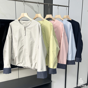 上衣 极简圆领拉链休闲百搭夹克衫 通勤风格 子拼接短外套女春秋新款