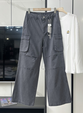 陨石灰 工装风多口袋阔腿牛仔裤女春秋宽松直筒水洗灰色休闲长裤