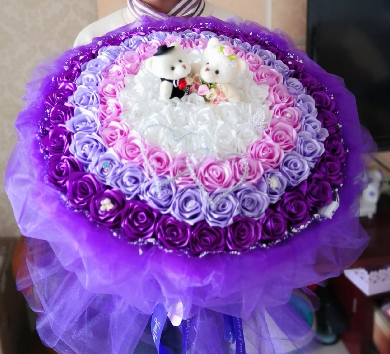 99朵成品手工玫瑰花束丝带绸带布花蓝色妖姬七夕生日情人节礼物
