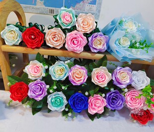 满28包邮单支丝带玫瑰花成品手工布花蓝色妖姬碎冰蓝花束创意网红