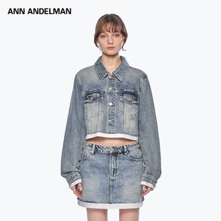 ANN 蓝色翻领拼接假两件牛仔拼接短外套 ANDELMAN2025新款
