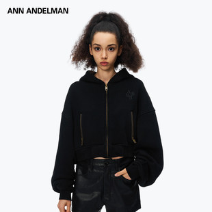 ANDELMAN官方直营2025新品 拉链连帽卫衣开衫 黑色长袖 短款 修身 ANN