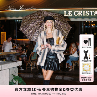 NanaJacqueline冬季新款翻领环保皮草女时尚米灰条纹宽松休闲外套