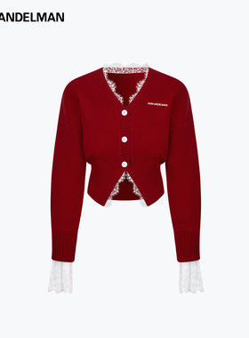 【新年系列】ANN ANDELMAN红色毛衣可外穿内搭蕾丝边针织开衫外套