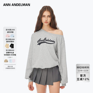 ANDELMAN发泡印花斜领单肩无帽卫衣套头露肩上衣 ANN 明星同款