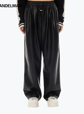 ANN ANDELMAN官方直营黑色松紧腰休闲皮裤橡筋抽绳直筒宽松阔腿裤