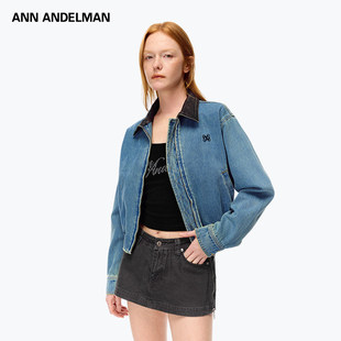 ANDELMAN复古拼皮翻领牛仔夹克短款 ANN 水洗牛仔外套 痞幼同款