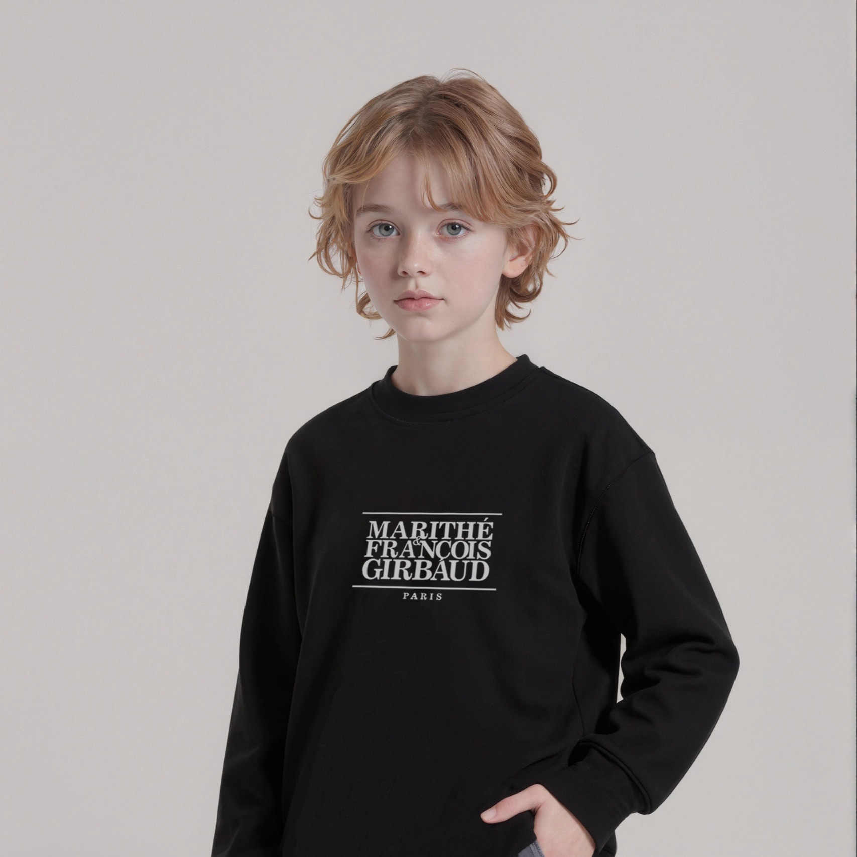 2025秋冬新款Marithe儿童长袖经典款Logo印花纯棉圆领套头童装长T