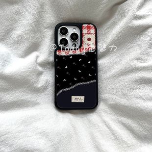 拼接补丁布块格纹ins亚克力黑边适用苹果iPhone16promax手机壳15pro小米14Pro保护套华为mate防摔三星S23荣耀