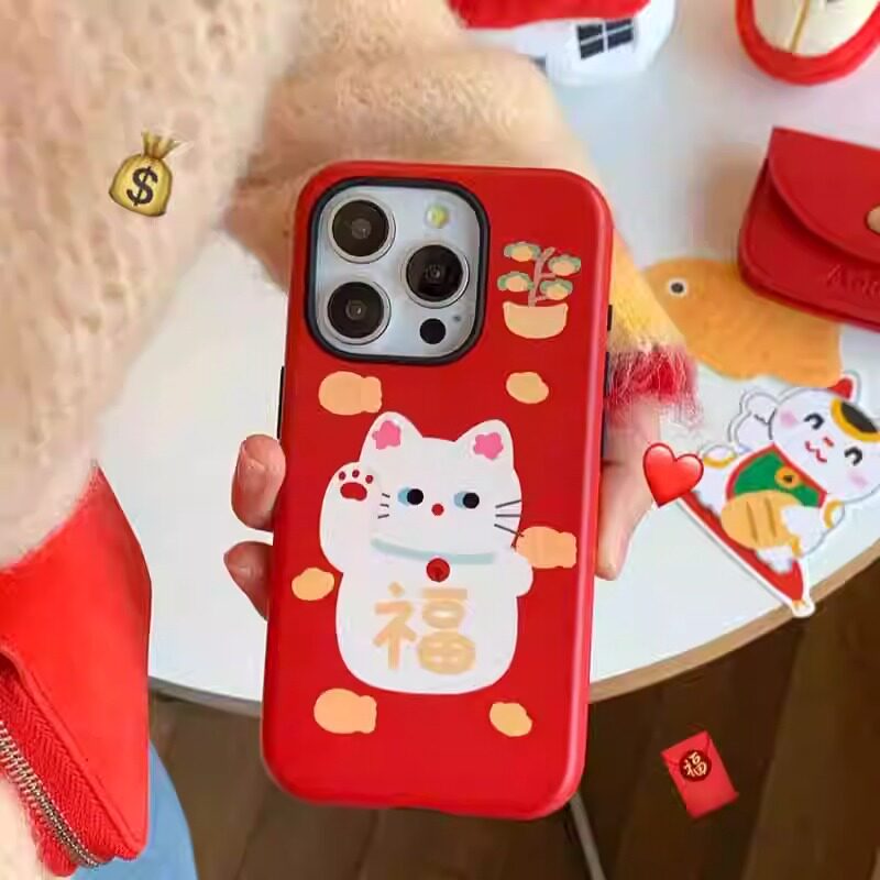 招财猫新年红适用iPhone16promax苹果15小米15pro新款mate60华为p70nova12荣耀菲林手机壳opporeno13vivox100